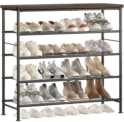 Dazioter Schuhregal mit 4 Ebenen,Schuhregale aus Hochleistungsmetall mit MDF-Platte,Geeignet für Eingänge,Schrank,Wohnzimmer (Dunkle Holzoptik + Schwarz, 5 Ebenen)