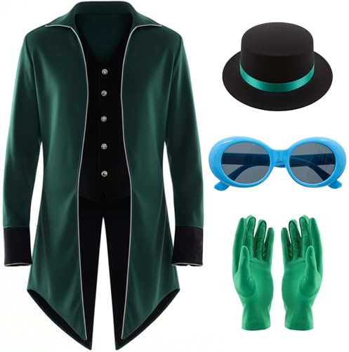 Hillban 5 Pcs Halloween Green Costume Set Steampunk Tailcoat Cosplay M