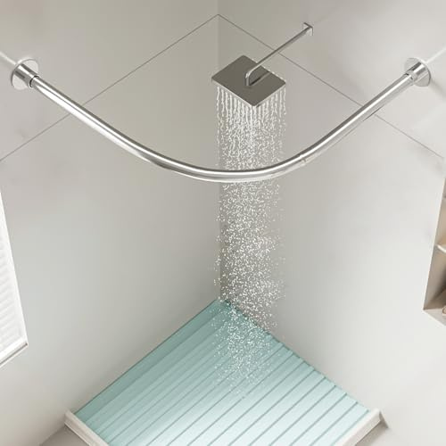 APHTOCF Barra Cortina Ducha Esquina Sin Taladrar, Barra De Cortina De Ducha En Forma De L, 70x70cm Barra Cortina Curva Bañera Inoxidable, Adecuado para Baño, Tienda De Ropa, Plata