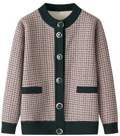 KIJSKKOPO Cárdigan Grueso con Forro Polar para Mujer, Verde, Manga Larga, Cuello Redondo, Botones, Estampado A Cuadros, Patchwork, Chaqueta Punto, para Señoras Mediana Edad Y Mayores, Ropa Abrigo