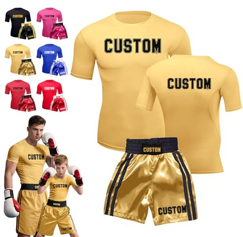 Personalised Boxing Set with Name/Logo - 2pcs Top Shorts Boxing Outfit for Adults & Kids | Ideal for Boxing, Muay Thai, MMA Training, Sparring | Unisex Sports Gear & Halloween Costume Gift (Adults)
