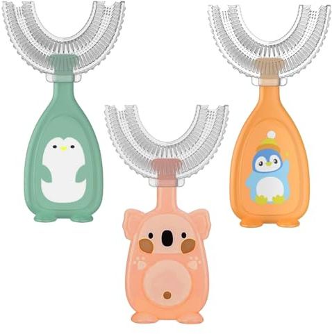 GWEOR 3 Pezzi Spazzolino Manuale Denti Bambini,Spazzolino da Denti a Forma di U,Setole in Silicone in Silicone Morbido,360 Gradi per la Pulizia Orale, a Bocca Intera