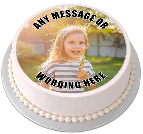 Personalised Photo Cake Topper - Your Own Image - Round Circle Edible Premium Icing Sheet, Upload Your Image & Message, Custom Birthday Cake Decoration, Any Size 4-7.5 Inch - Black Text