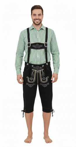 TR Martha Lederhosen i knälängd för män, eleganta kostymbyxor, storlek 40–60, långa lederhosen med hängslen för män, Oktoberfest-byxor, designer-läderbyxor i 3 färgvarianter, svart, 48 SE