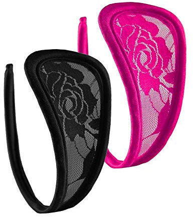 lau-fashion 2er Set Spitze C-String Slip Mini Bikini Schwarz Pink Unterhose Dessous S/M/L