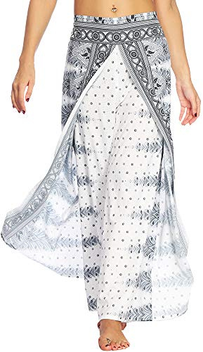 Nuofengkudu Mujer Hippie Largo Pantalones Dividir Pata Ancha Flores Estampados Sueltos Elegantes Comodos Thai Yoga Pants Verano Playa Vacaciones(Blanco Etnico,S/M)