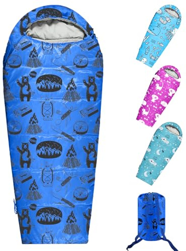 KidzAdventure Mummy Style 32 – 59F Kids Sleeping Bag with Pillow Sleeve, 4 Season, Lightweight and Backpacking Style, Ideal for Camping, Sleepover, Boys, Girls, and Youth – Adventure Kids