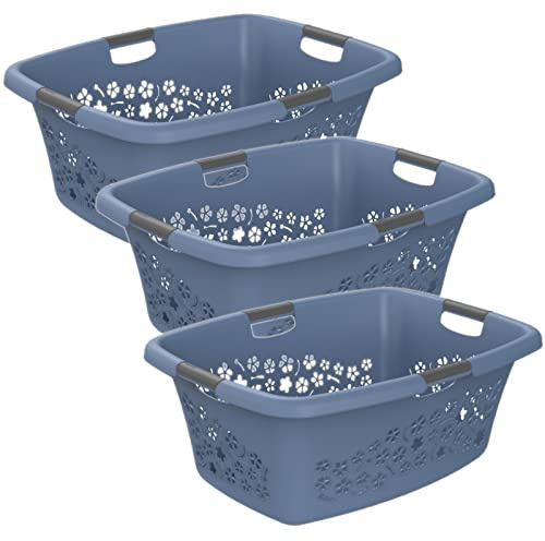 Rotho Flowers Wäschekorb Wäschesammler 3er-Set 3 x 50 L Kunststoff Blau | Drei separate Wäschekörbe mit je 50 L, zur individuellen Vorsortierung, Flowers Design in Blau, 65,1 x 49 x 26,2 cm