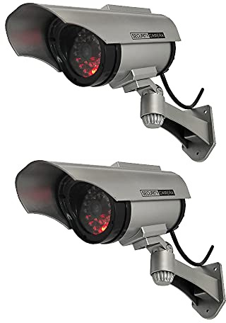Yuarisx Solar Powered Dummy Fake Security Camera Bullet CCTV Surveillance with Simulated LED Realistic Red Flashing Light and Security Warning Sticker Decal Indoor Outdoor, 2 Pack