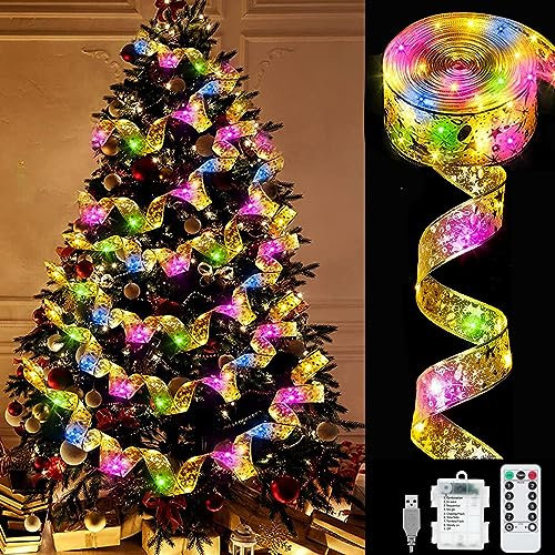 Guirlandes Lumineuses à Ruban Brillant,10M Guirlandes Lumineuses 100 LEDs Lumière,Ruban Sapin Noël LED,Guirlande Decorative de Noël Nouvel An Mariage,Arc en Dentelle DIY à Piles Décor de Noël