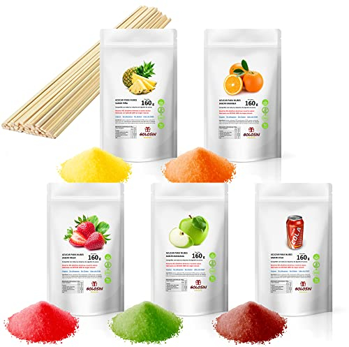 Azúcar para Algodón de Azúcar. Pack 5 Sabores de 160g = 800g y 20 Palos. Con Azúcar 100% de Origen Natural. Sin dextrosa.