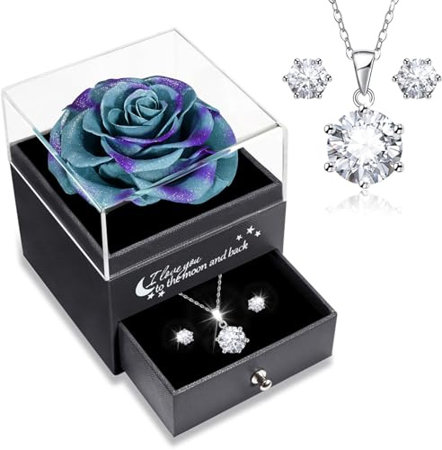 Sunia Rose Eternelle avec Bijoux Argent 925, Coffret Cadeau Femme, Collier et Boucles d'oreilles,Cadeau Anniversaire Femme,Vraie Rose Préservée avec Collier, Cadeau Fete des Meres,Coffret Cadeau Maman