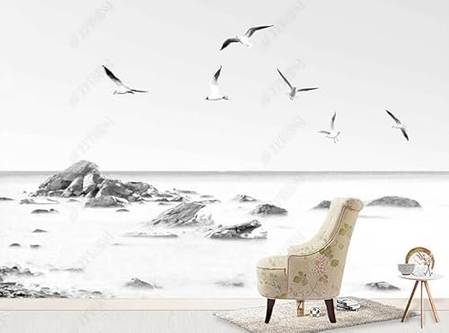 TUJU Schwarz-weiße, handbemalte Möwe, TV-Hintergrund, Wanddekoration, 250 cm x 175 cm (98,4 x 68,9 Zoll), Wandgemälde, Hintergrundbilder, Fotos, Poster, individuelle Gestaltung