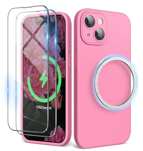 SURPHY Cover Magnetica Silicone per iPhone 15 plus con 2*Vetro Temperato(6.1''), Compatibile con Magnetica Accessori, Custodia per iPhone 15 plus Antiurto Protettiva Fodera in Microfibra, Rosa