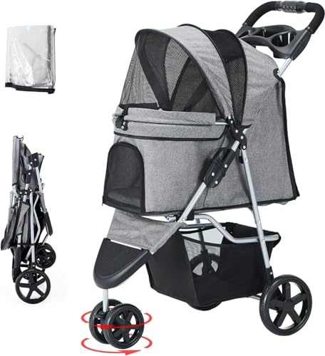 Joyfultails Hundewagen Hundebuggy Bis15kg, Faltbarer Hundewagen mit Aufbewahrungskorb, Netzfenster, Hundetrolley für Kleine und Mittle Hunde Regenschutzabdeckung Jogger Katzenbuggy grau