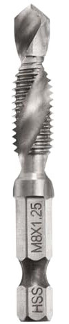 sourcing map Combination Drill and Tap Bit, Metric M8 x 1.25 Thread 1/4 Hex Shank, Threading Screw Taps Spiral Flute Machine Drilling Tapping Tool, High Speed Steel (HSS) 6542
