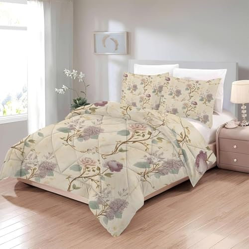 Bettdecke 200x220 Ohne Bezug Nutzbar, Blumen Pflanzendruck Bettdecken Waschbar Ganzjahresdecke Aquarell 4 Jahreszeiten Steppdecke, Bettzeug Microfaser mit 2 Kissenbezug für Sommer Winter Doppelbett