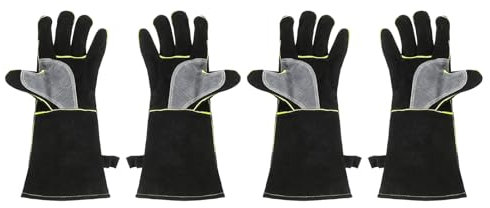 QUARKZMAN 2 Coppie Guanti da Saldatura A3036 14 in Pelle di Bovino Resistenti al Fuoco e al Calore con Maniche Lunghe Guanti da Barbecue per Saldatura Camino Forno Cottura Giardino