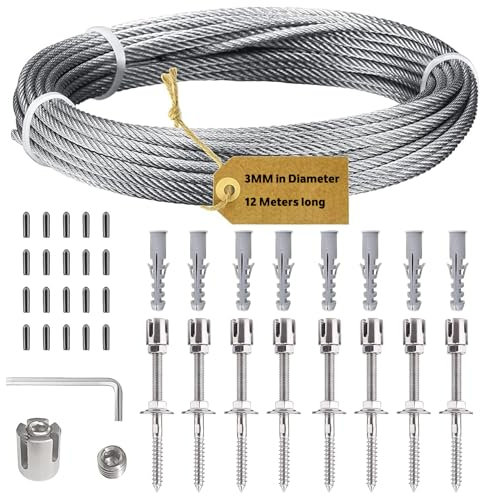 AROMUJOY Support pour Plantes Grimpantes, 12m Kit Treillis Fil, 3 mm Corde en Acier Inoxydable Kit avec 8 Supports Muraux pour Vignes Fleurs Légumes