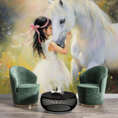 Fototapete Weißes Pferd und Mädchen 250x175cm Schlafzimmer Wohnzimmer Seide XXL Wandtapete Garten-Ölgemälde Fototapeten Bildtapete 3d Effekt Wand Dekoration