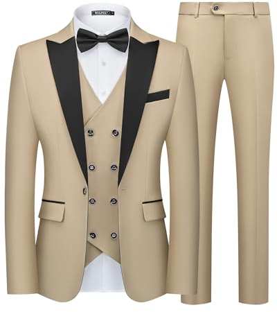 WULFUL Slim Fit Tuxedo for Men One Button Suit Set Prom Party Wedding Tux Men's Suits 3 Piece Khaki