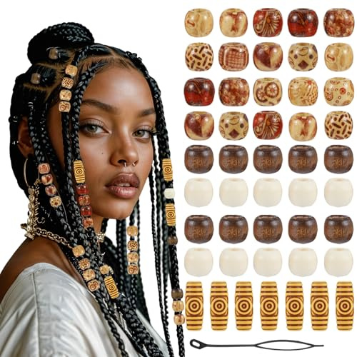 60 Pcs Hair Beads, Wooden Painted Beads Vintage Dreadlock Large Bead Hair Jewelry Hairs Charms Hairs Cuffs Dreadlock Accessories for Kids Girls Women Men Crafts DIY Bracelets Necklace Braids