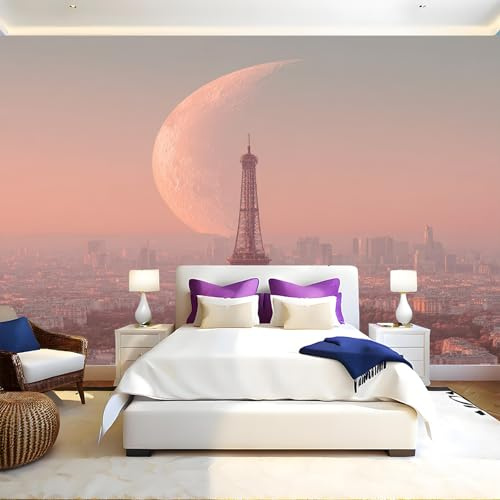 Rose Orangé Papier Peint Panoramique Tour Eiffel à Paris Papier Peint Intissé Tapisserie Poster Mural Salon Chambre Adulte Chambre d'enfants Restaurant Décor 250x175 cm