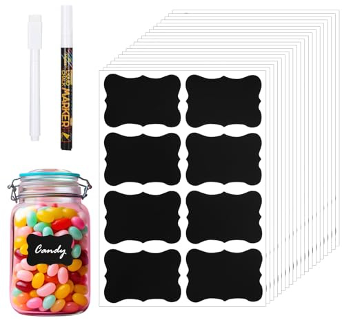 DOPENSPI Lot de 160 étiquettes noires autocollantes avec stylos blancs et dorés - 5 x 3,5 cm - Étiquettes étanches pour bouteilles, pots de confiture, sacs cadeaux pour bureau, cuisine, bouteilles