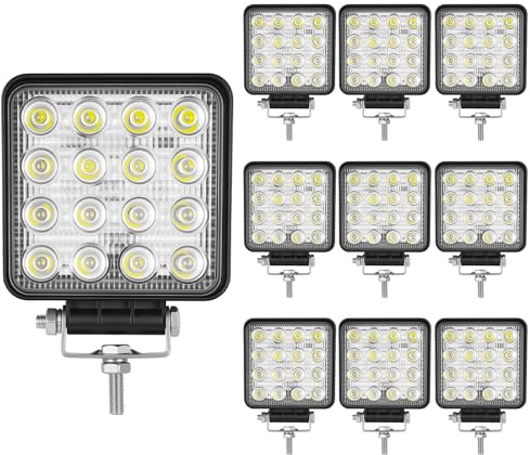 RIGIDON Lot de 10 phares LED rectangulaires, 4 pouces 48 W, Flood LED Travail pour camion hors route ATV SUV 4x4 Tracteur Projecteur LED 12 V 24 V Phares antibrouillard, 6000 K blanc Floodlight