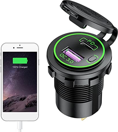 12 V USB-kontakt, snabbladdande USB C billaddare adapter 12 V/24 V med strömbrytarknapp, mobiltelefon laddningsadapter för bil, husbil, båt, lastbil, golf Facynde