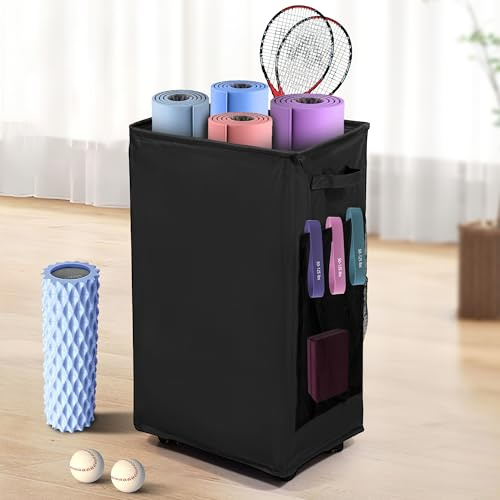 wymulot Scaffale portaoggetti per tappetino da yoga, con ruote, supporto laterale per tappetino da yoga, 2 tasche in rete, cestino portaoggetti per yoga può contenere 4 tappetini da yoga, 2 rulli in