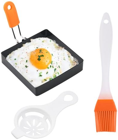 Juego de moldes de huevos cuadrados – Molde de magdalenas inglesas reutilizable con mango de silicona | Molde cuadrado para sándwich de acero inoxidable antiadherente con separador, juego de anillos