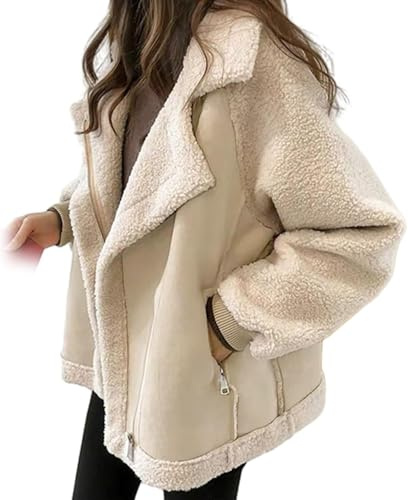 Baitang Korean Vintage Crop Jacket,Women's Fuzzy Fleece Jacket,Long Sleeve Zip Up Sherpa Coat,Notch Lapel Fuzzy Fleece Jacket Coat,Women's Warm Winter Bomber Jacket