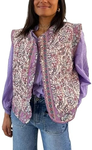 Femmes Fleurs matelassées Down Vest léger sans Manches imprimé Gilet rembourré Vintage Ouvert Gilet à Rabat