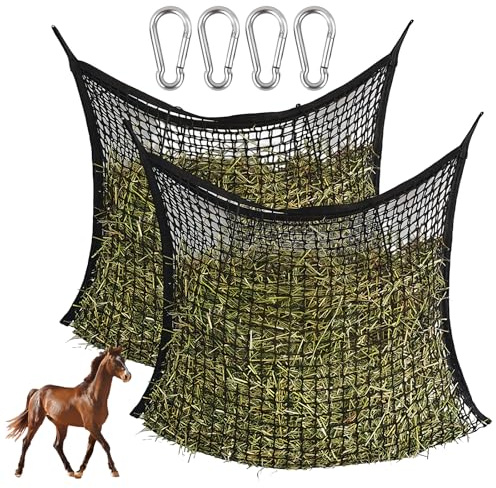 Lot de 2 Filet À Foin, 60 x 90 cm Filet a Foin Chevaux, Filet a Foin pour Chevaux Maille 3 x 3 cm, Sac à Foin Cheval, Filet à Foin Portable pour Chevaux avec 4X Mousqueton, Filet A D'alimentation