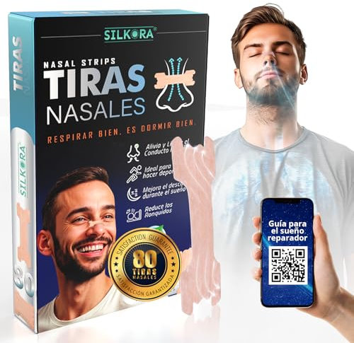 SILKORA® - 80 SUPER PACK - Tiras nasales antirronquidos para Dormir y Deportivas PREMIUM | Tiras Nasales Anti-ronquidos | Nose Strips| Breathe Right | Nasal Strips para Respirar Mejor Por la Nariz