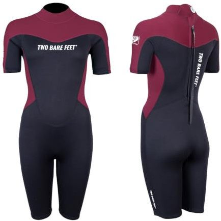 Two Bare Feet Womens Shorty Wetsuit 3/2mm Superstrech Neoprene Summer Ladies Surf Suit, Back Zip – Surfing, Paddleboarding, Open Water & Wild Swimming (L, Black/Burgundy)