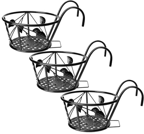 HOUDERCO 3pcs Iron Hanging Plant Pot Stand for Balcony Fence and Windowsill Outdoor Railing Planter Rack Space Saving Flower Trough Holder for Garden Greenery Display