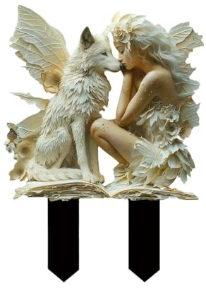 Generisch Gartenfiguren Garten Deko für Draußen Wetterfest, Wetterfeste Elfen-Gartendeko, Wolf und Mädchen Flügel Statue, 2D Harz Gartendeko Figuren, 2D Teich Deko (Weiß)