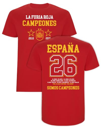 ENERGY FUSION Camiseta Niño España Mundial de Fútbol 2026 Bicampeones del Mundo 2010 y 2026 Algodón 100% Regular Fit Azul Marino