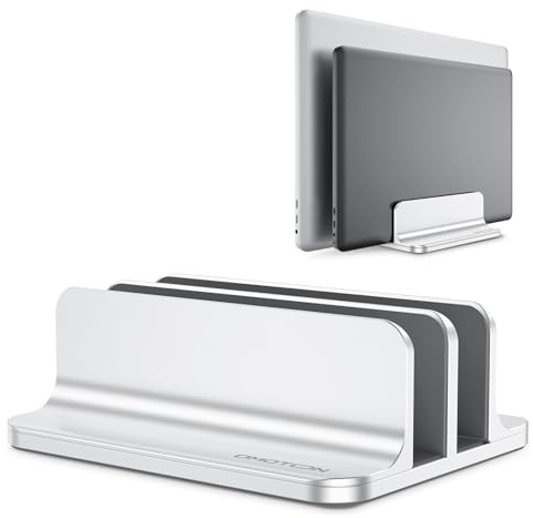 OMOTON Vertical Laptop Stand [Updated Double Version], Desktop Aluminum Mac Book Stand with Adjustable Dock Size, Fits All Mac Book, Surface, Chrome Book and Gaming Laptops (Up to 17.3 inch) (Silver)