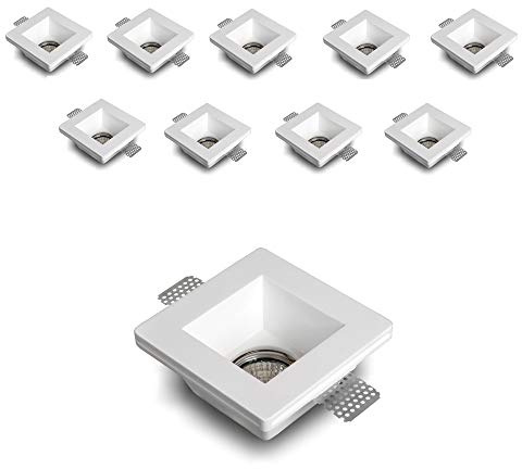 Eurekaled - Portafaretto in Gesso CERAMICO da Incasso Quadrato per Controsoffitti per GU10 e MR16 (10 Pezzi)