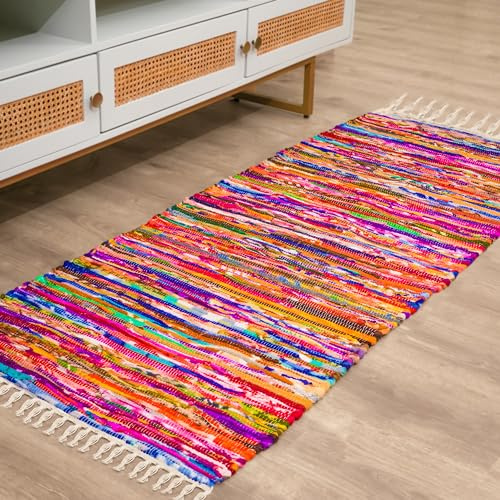 RAJRANG Tapis Indien - Tapis de Salon Pollar Chindi, Tisse à la Main en Matériau Recyclé, Décoration de Plancher de Salon Multicolore - 183x71 cm