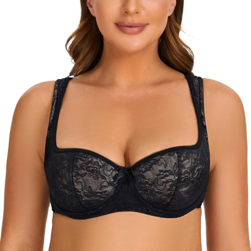 MELENECA Women's Balconette Bra with Padded Strap Half Cup Underwire Sexy Lace Black 36DD