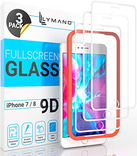 [3 Stück] LYMANO Panzer-Folie Glas Full Screen für iPhone 7 iPhone 8 Display-Schutzfolie Schutzglas Glass Protector [Anti Kratzer] [Blasenfrei] [Komplett Abdeckung] (4,7 Zoll) Weiß