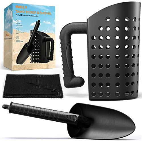 INCLY Sand Scoop & Shovel Detection Accessories for Metal Detector, Sand Strainer, Treasure Hunting & Digging Tool on the Beach & More, Black - With Carry Bag