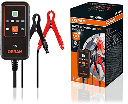 OSRAM BATTERYcharge 901, dispositivo para el mantenimiento de baterías de automóviles 6V & 12V, cargador de baterías móvil para motos y vehículos más pequeños con una capacidad de motor de hasta 1,2 L