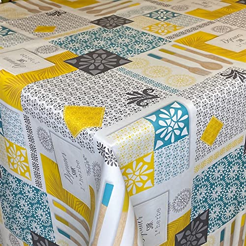 KEVKUS Wachstuch Tischdecke B5045-02 Patchwork türkis-gelb auf Weiss eckig rund oval (Rand: Schnittkante (ohne Einfassung), 140 x 180 cm eckig)
