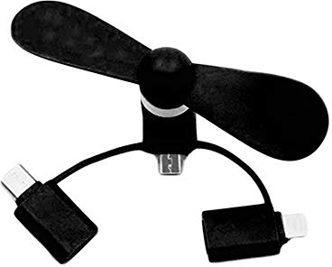 Yirepny Mini ventilateur portable USB 3 en 1 rotatif à 180° compatible avec 11/12 Pro/Xs/Max/X/8/8 Plus/7/7 Plus/6/6 Plus et autres smartphones Noir