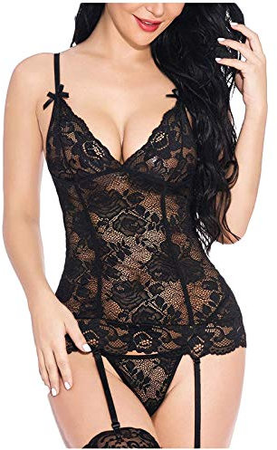jieGorge Crema Depilatoria per da Notte da Notte Babydoll Elegante Pizzo G-String da Notte Rosso Porpora (Black, S)